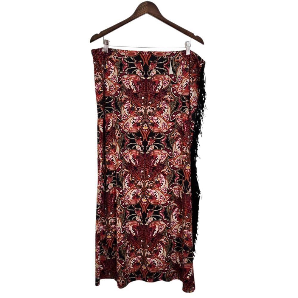 CATO Long Maxi Side Fringe Dark Boho Paisley Stretch Skirt Womens Artsy Size XL